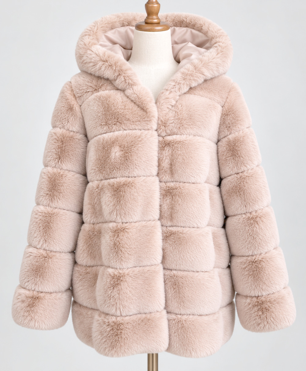 Pyramid Collection Channeled Faux Fur Hooded Jacket Coat Beige NWT Size 2X
